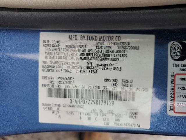 3FAHP07Z29R179129 - 2009 FORD FUSION SE BLUE photo 13