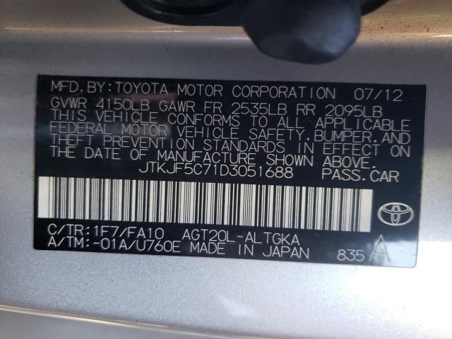 JTKJF5C71D3051688 - 2013 TOYOTA SCION TC 银色 照片 10