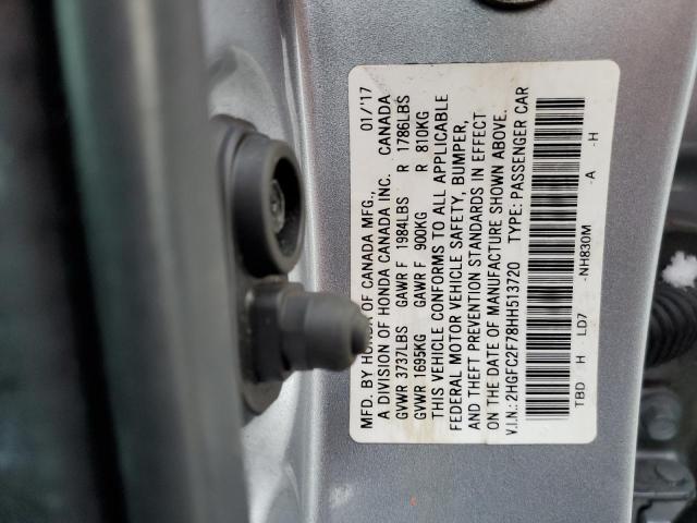 2HGFC2F78HH513720 - 2017 HONDA CIVIC EX SILVER photo 12