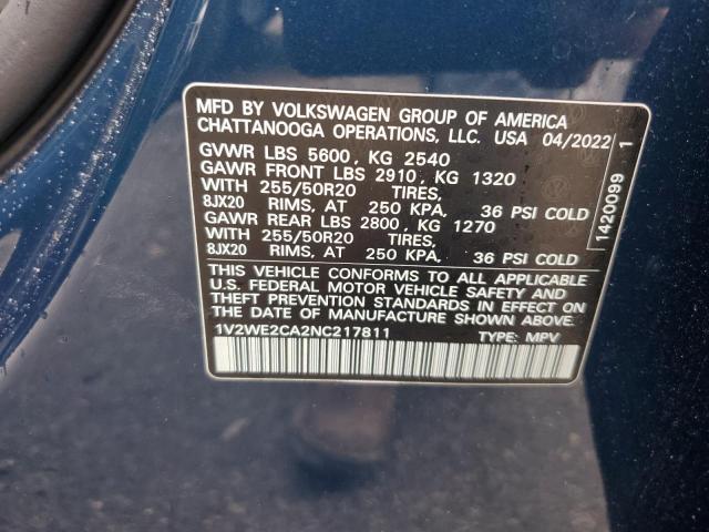 1V2WE2CA2NC217811 - 2022 VOLKSWAGEN ATLAS CROS SE Bleu photo 13