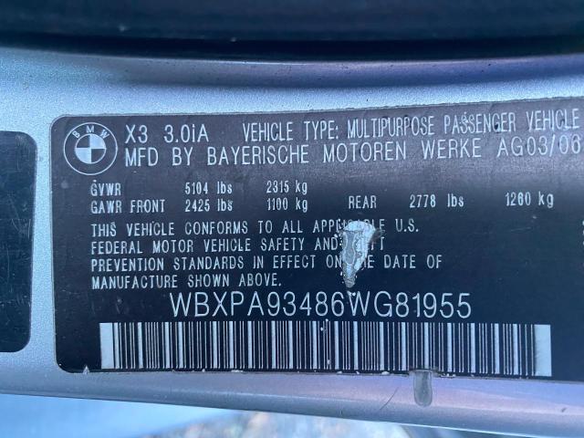 WBXPA93486WG81955 - 2006 BMW X3 3.0I GRAY photo 10