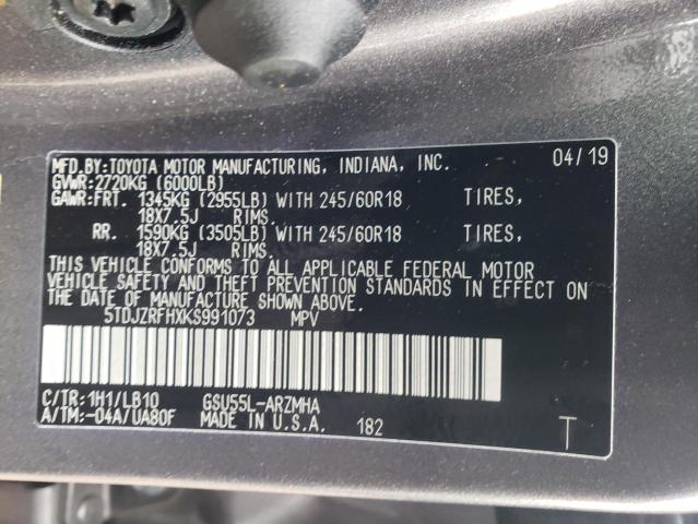 5TDJZRFHXKS991073 - 2019 TOYOTA HIGHLANDER SE GRAY photo 12