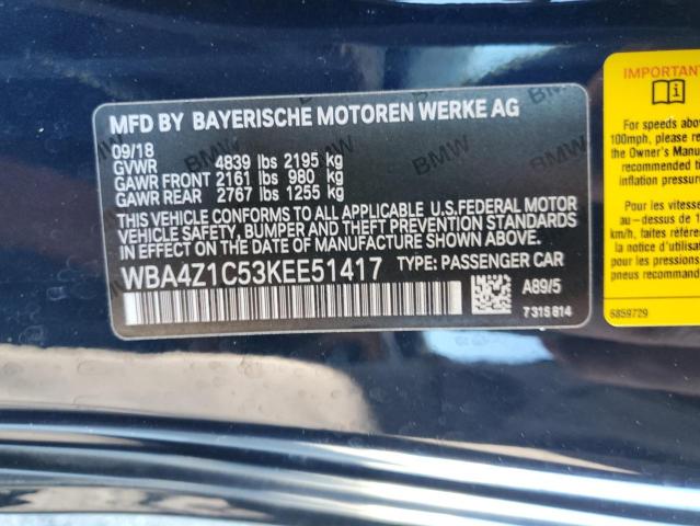 WBA4Z1C53KEE51417 - 2019 BMW 430I BLUE photo 12