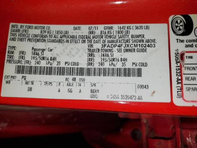 3FADP4FJXCM102403 - 2012 FORD FIESTA SES RED photo 12