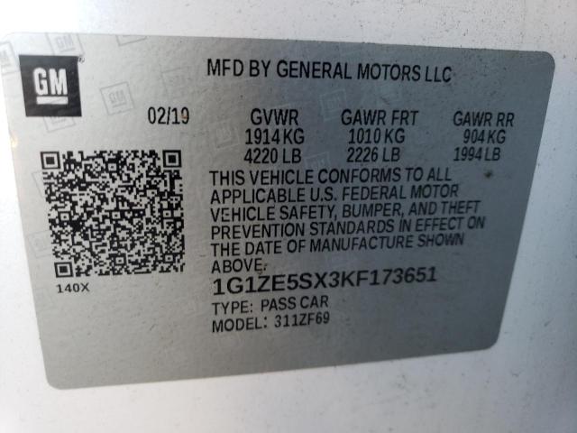 1G1ZE5SX3KF173651 - 2019 CHEVROLET MALIBU PREMIER WHITE photo 12