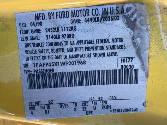 1FAFP45X1WF201968 - 1998 FORD MUSTANG GT YELLOW photo 10