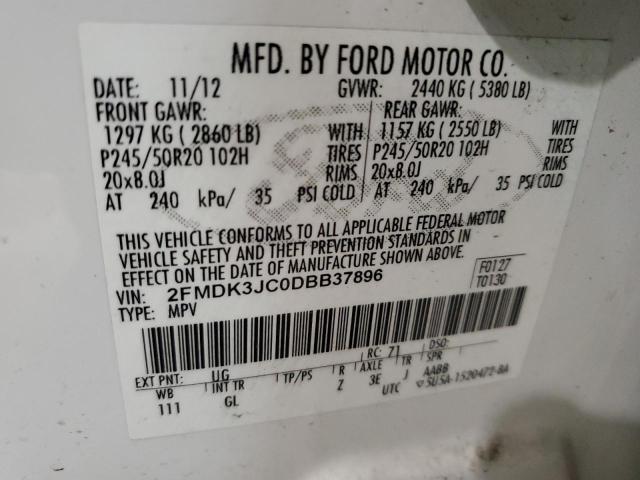 2FMDK3JC0DBB37896 - 2013 FORD EDGE SEL WHITE photo 12