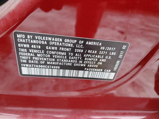 1VWAT7A36HC074995 - 2017 VOLKSWAGEN PASSAT S RED photo 12