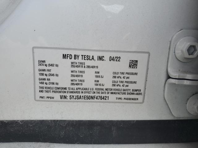 5YJSA1E50NF476421 - 2022 TESLA MODEL S WHITE photo 13