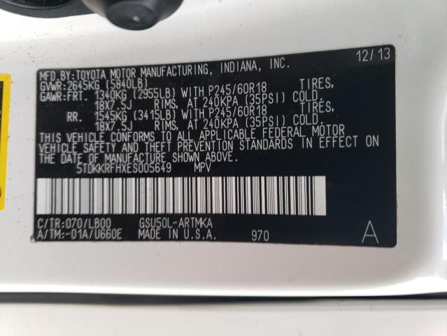 5TDKKRFHXES005649 - 2014 TOYOTA HIGHLANDER XLE თეთრი ფოტო 13