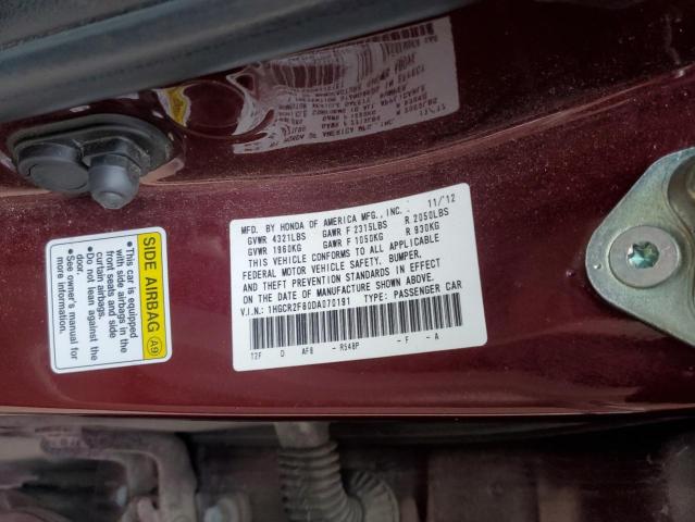 1HGCR2F80DA070191 - 2013 HONDA ACCORD EXL MAROON photo 12