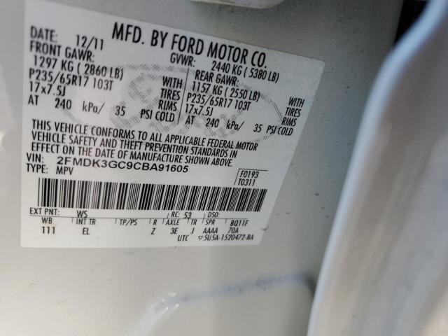 2FMDK3GC9CBA91605 - 2012 FORD EDGE SE WHITE photo 12