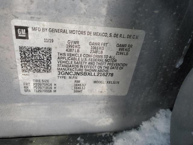 3GNCJNSBXLL216278 - 2020 CHEVROLET TRAX LS GRAY photo 12