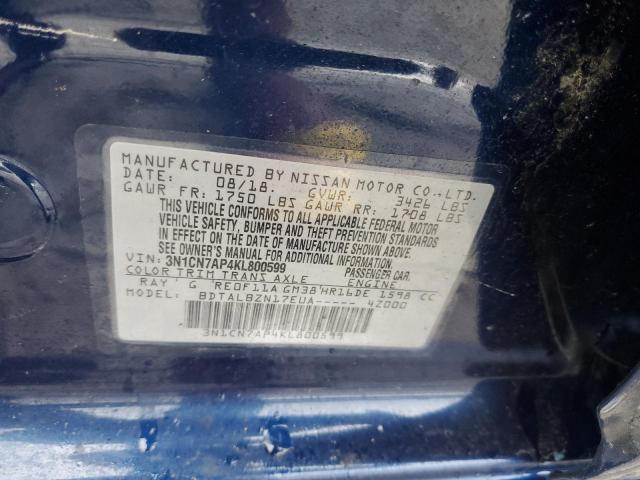 3N1CN7AP4KL800599 - 2019 NISSAN VERSA S BLUE photo 12