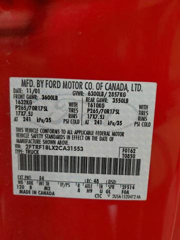 2FTRF18LX2CA31553 - 2002 FORD F150 RED photo 12