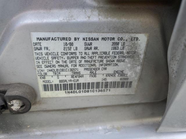 1N4DL01D81C136571 - 2001 NISSAN ALTIMA XE SILVER photo 12