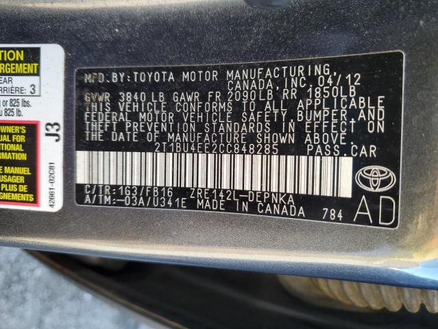 2T1BU4EE2CC848285 - 2012 TOYOTA COROLLA BASE GRAY photo 12