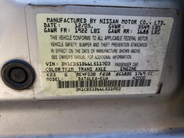 3N1CB51D66L511703 - 2006 NISSAN SENTRA 1.8 SILVER photo 12