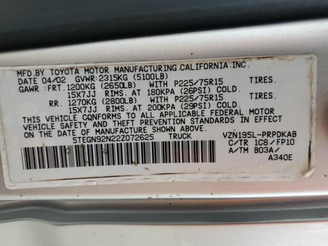 5TEGN92N22Z072625 - 2002 TOYOTA TACOMA DOUBLE CAB PRERUNNER SILVER photo 12