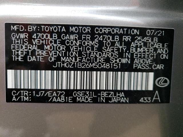 JTHGZ1B26M5048151 - 2021 LEXUS IS 350 F-S GRAY photo 12