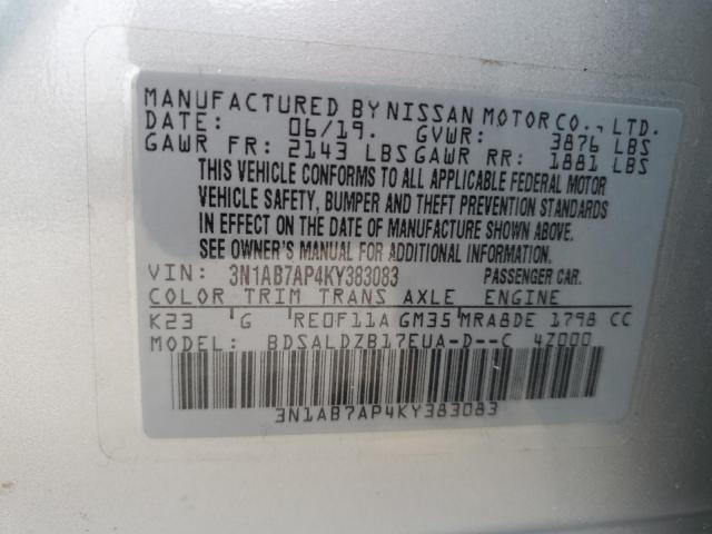 3N1AB7AP4KY383083 - 2019 NISSAN SENTRA S SILVER photo 12