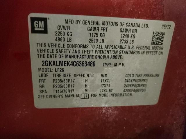 2GKALMEK4C6363480 - 2012 GMC TERRAIN SLE BURGUNDY photo 13