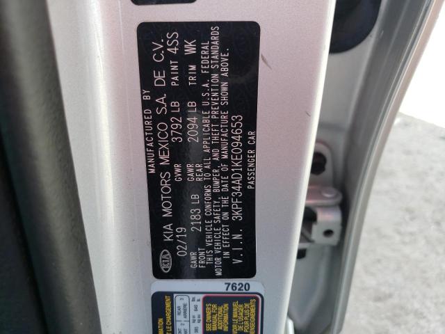 3KPF34AD1KE094653 - 2019 KIA FORTE GT LINE SILVER photo 12