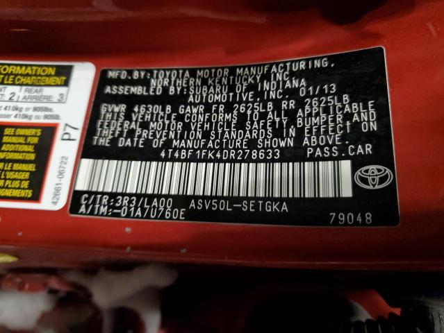 4T4BF1FK4DR278633 - 2013 TOYOTA CAMRY L RED photo 13