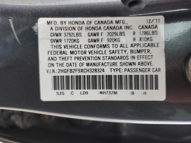 2HGFB2F9XCH328324 - 2012 HONDA CIVIC EXL SILVER photo 12