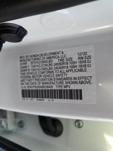 5FNYF5H55NB038430 - 2022 HONDA PILOT EXL WHITE photo 13