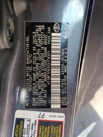 4T1BF1FKXCU178321 - 2012 TOYOTA CAMRY BASE GRAY photo 12