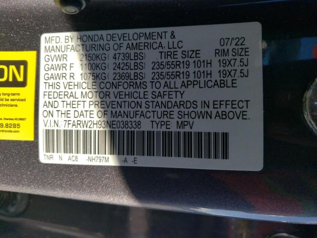 7FARW2H93NE038338 - 2022 HONDA CR-V TOURING GRAY photo 12