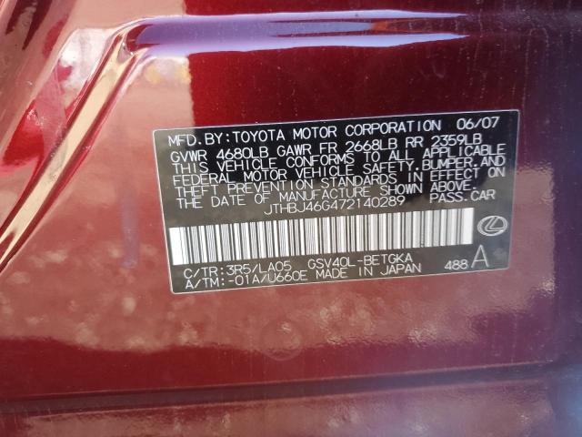 JTHBJ46G472140289 - 2007 LEXUS ES 350 RED photo 12