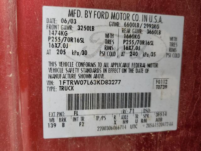 1FTRW07L63KD83277 - 2003 FORD F150 SUPERCREW MAROON photo 12