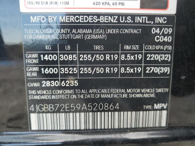 4JGBB72E59A520864 - 2009 MERCEDES-BENZ ML 550 BLACK photo 12