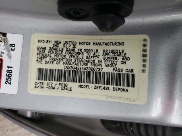 1NXBU4EE4AZ326737 - 2010 TOYOTA COROLLA BASE SILVER photo 12