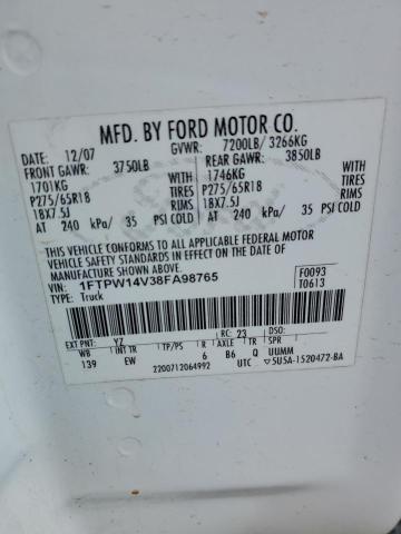 1FTPW14V38FA98765 - 2008 FORD F150 SUPERCREW WHITE photo 12