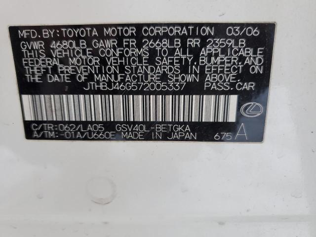 JTHBJ46G572005337 - 2007 LEXUS ES 350 WHITE photo 13