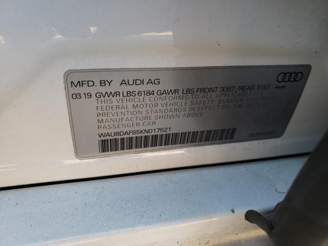 WAU8DAF85KN017521 - 2019 AUDI A8 L WHITE photo 12