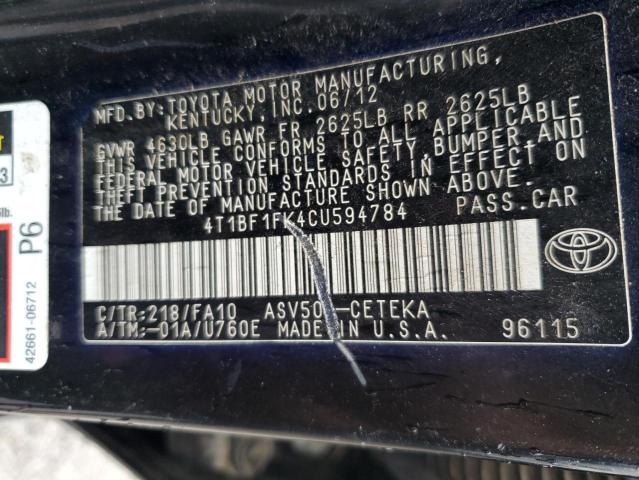 4T1BF1FK4CU594784 - 2012 TOYOTA CAMRY BASE BLACK photo 13