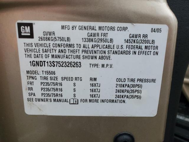 1GNDT13S752326263 - 2005 CHEVROLET TRAILBLAZE LS GOLD photo 13