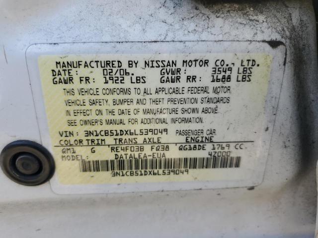 3N1CB51DX6L539049 - 2006 NISSAN SENTRA 1.8 WHITE photo 12