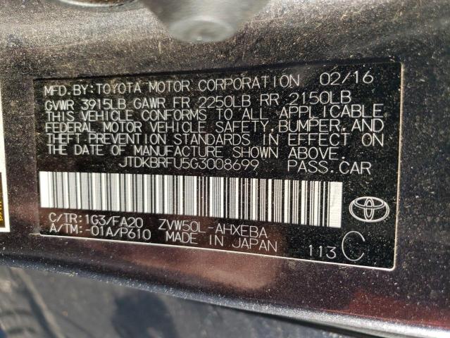 JTDKBRFU5G3008699 - 2016 TOYOTA PRIUS CHARCOAL photo 12