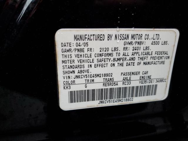 JNKCV51E45M218902 - 2005 INFINITI G35 BLACK photo 12