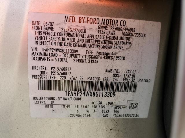 1FAHP24WX8G113309 - 2008 FORD TAURUS SEL SILVER photo 13