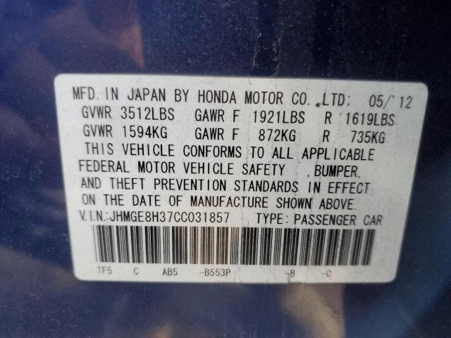 JHMGE8H37CC031857 - 2012 HONDA FIT BLUE photo 12