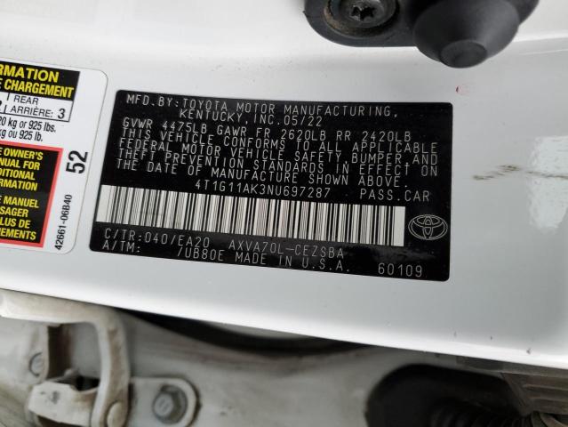 4T1G11AK3NU697287 - 2022 TOYOTA CAMRY SE WHITE photo 13