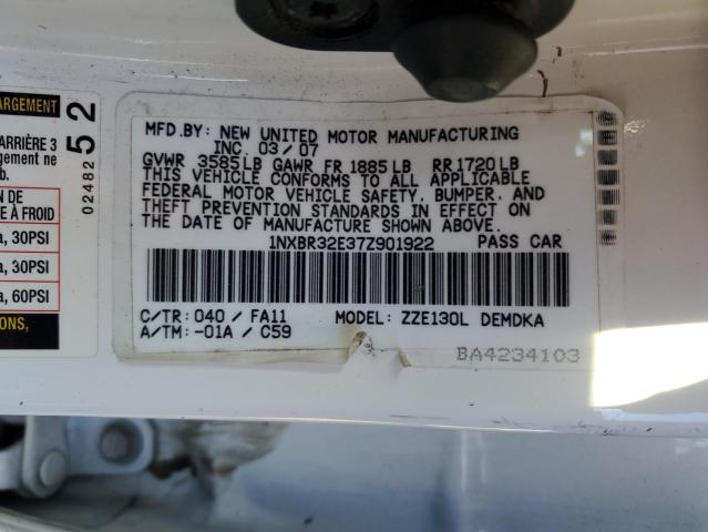 1NXBR32E37Z901922 - 2007 TOYOTA COROLLA CE WHITE photo 12