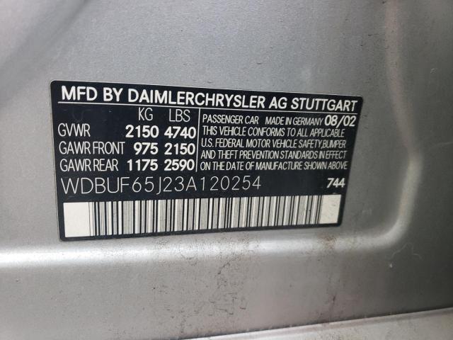 WDBUF65J23A120254 - 2003 MERCEDES-BENZ E 320 SILVER photo 12