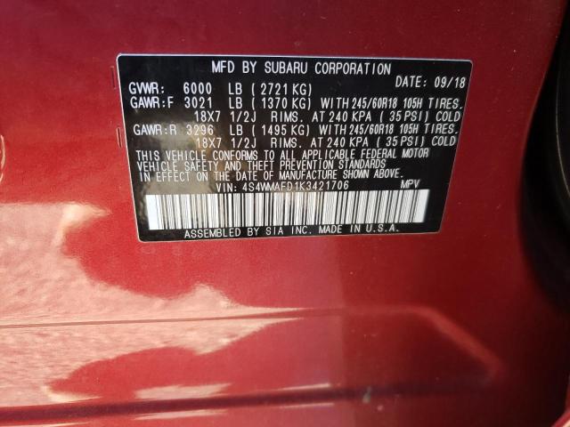 4S4WMAFD1K3421706 - 2019 SUBARU ASCENT PREMIUM RED photo 13